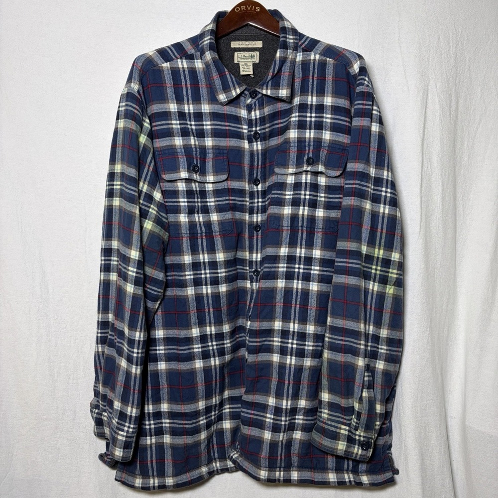 VTG LL Bean Mens Fleece Lined Plaid Flannel Shirt Jacket XXL Tall Shacket Cotton